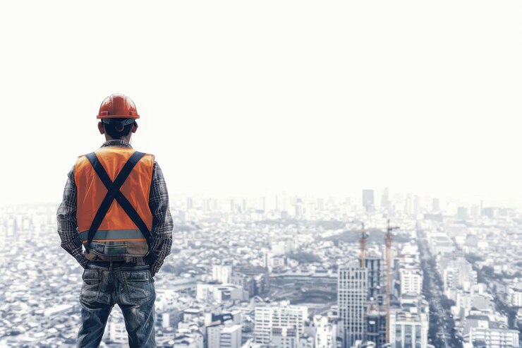Trabajador de la construcción con un casco rígido con vistas al horizonte de la ciudad con grúas y edificios en construcción