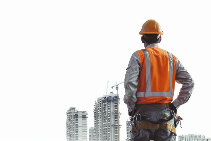 Trabajador de la construcción con un casco rígido con vistas al horizonte de la ciudad con grúas y edificios en construcción