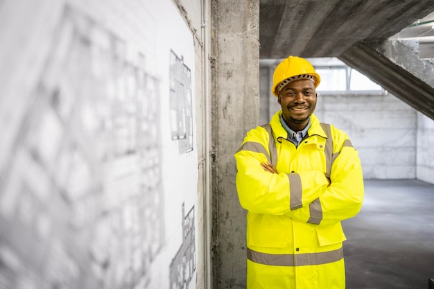 Trabajador de la construcción con casco de seguridad y chaleco de pie en el sitio de construcción