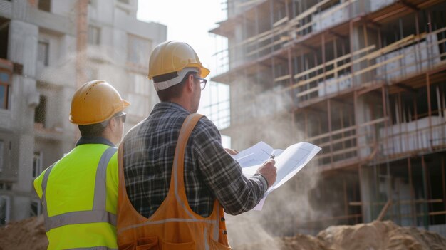 Trabajador de la construcción con un casco en un sitio de construcción aig