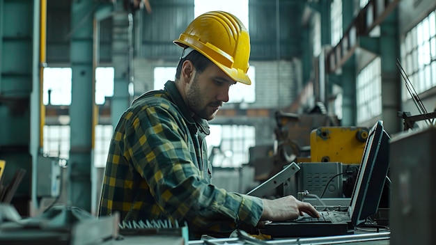Trabajador de la construcción con casco Trabajador del edificio con casco amarillo en el puesto de trabajo