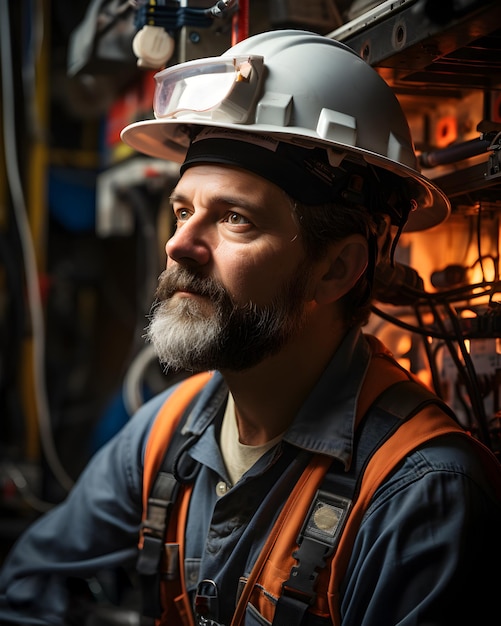 Un trabajador de la construcción con casco y traje de seguridad industrial sonriendo en un taller