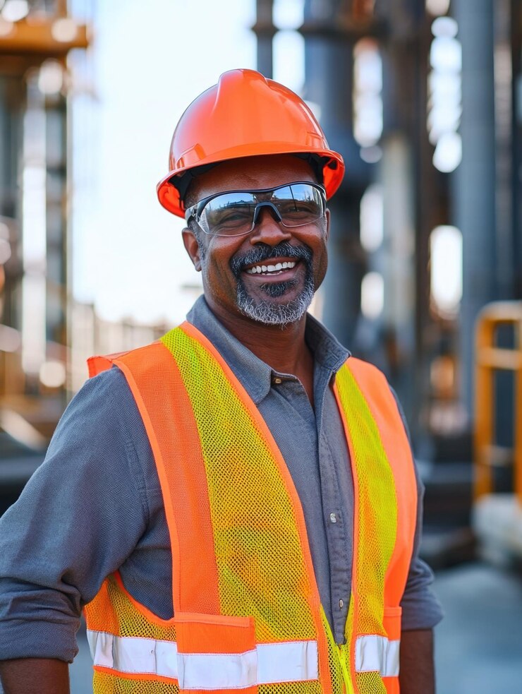 Trabajador de la construcción con chaleco de seguridad y casco