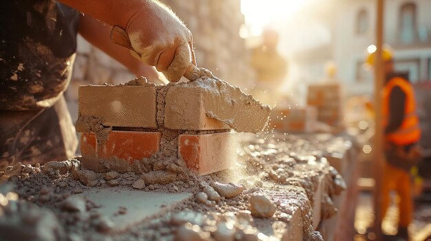 Foto trabajador de la construcción colocando ladrillos en un sitio de construcción