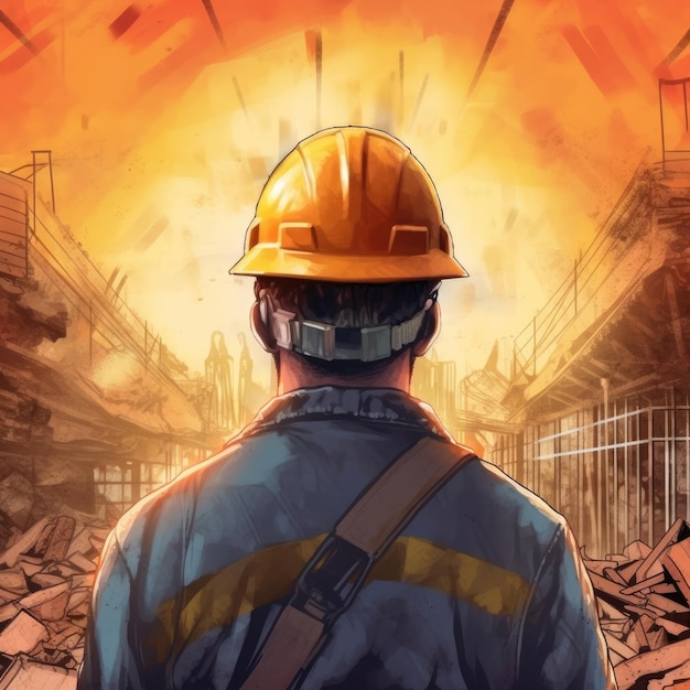 Un trabajador de la construcción comprueba el trabajo con casco de seguridad en Ilustración IA generativa