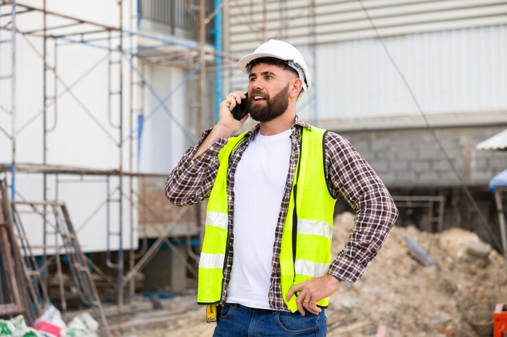 Trabajador de construcción y construcción de teléfonos usando teléfono móvil Hiapanic hombre latino con casco de seguridad de casco duro de pie con los brazos cruzados en el sitio de construcción