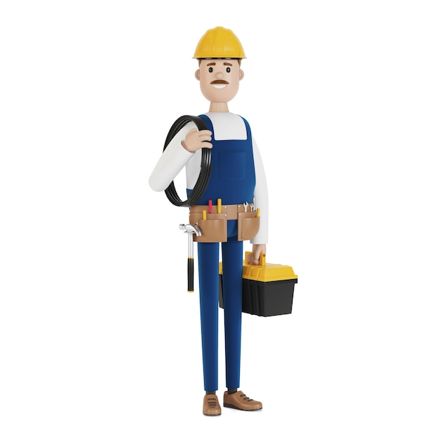 Trabajador de la construcción electricista con herramientas y con una ilustración 3D de alambre en estilo de dibujos animados.