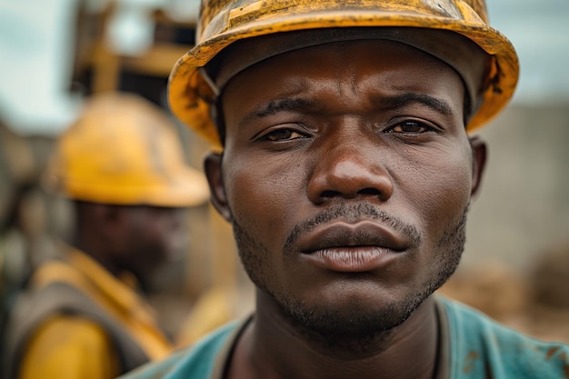 Trabajador de la construcción enfocado con casco en un entorno industrial