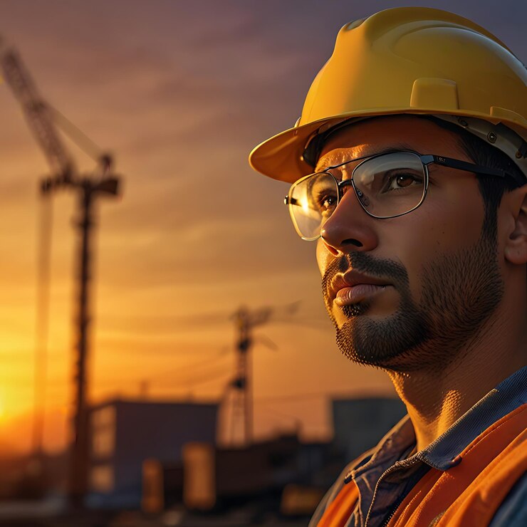 Un trabajador de la construcción en equipo reflectante está en medio