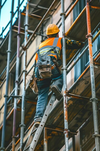 Foto trabajador de la construcción en equipo de seguridad de andamios