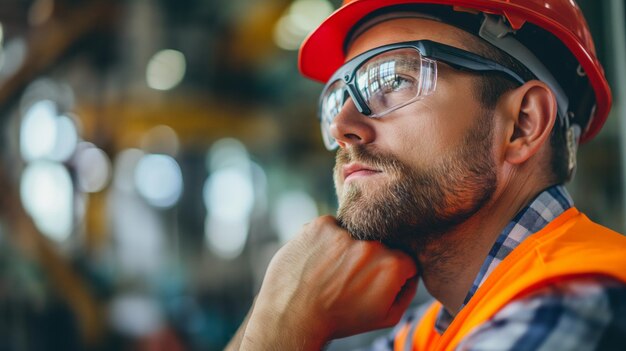 Trabajador de la construcción con equipo de seguridad de pie con los brazos cruzados mirando hacia arriba el progreso de la obra