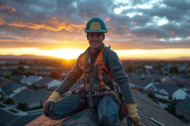 un trabajador de la construcción en equipo de seguridad trabajando diligentemente en un techo durante la hora dorada