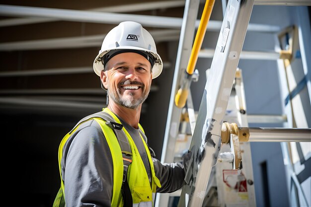 Foto trabajador de la construcción con una escalera