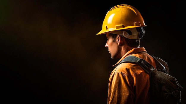 Un trabajador de la construcción con un espacio de copia de casco protector IA generativa