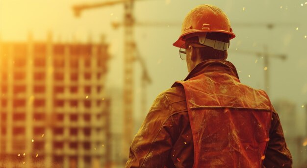 un trabajador de la construcción está mirando el sitio de construcción