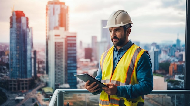 un trabajador de la construcción está de pie en un balcón leyendo un libro