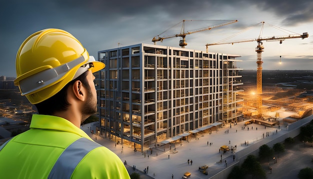 un trabajador de la construcción está de pie frente a un edificio en construcción