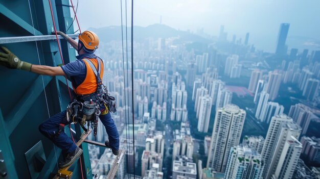 Un trabajador de la construcción está de pie en la parte superior de un edificio mirando a una ciudad AIG41