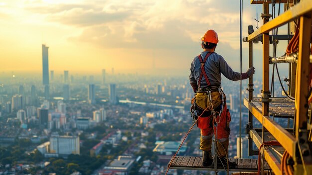 Un trabajador de la construcción está de pie en la parte superior de un edificio mirando a una ciudad aig