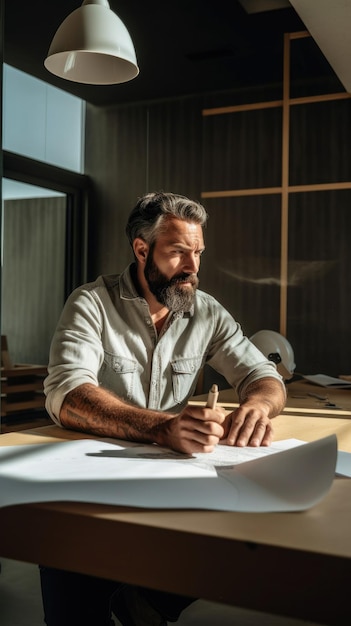 Un trabajador de la construcción está sentado en una oficina moderna con un plan de construcción