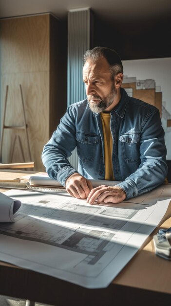 Un trabajador de la construcción está sentado en una oficina moderna sosteniendo un plan de construcción