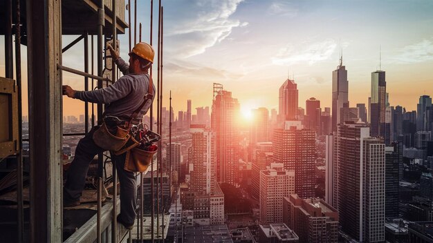 un trabajador de la construcción está trabajando en un edificio con una puesta de sol en el fondo