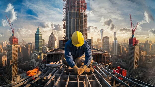 un trabajador de la construcción está trabajando en un sitio de construcción