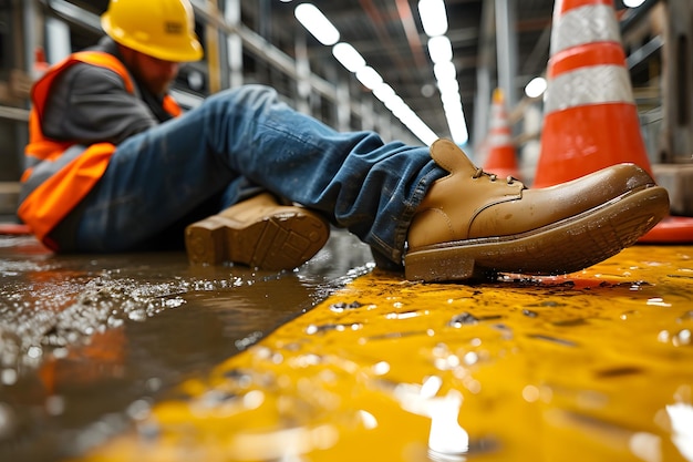 Foto un trabajador de la construcción experimenta un accidente de resbalón y caída en un suelo mojado en un sitio de construcción