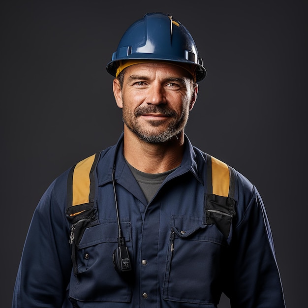 Trabajador de la construcción experimentado sobre un fondo azul sólido