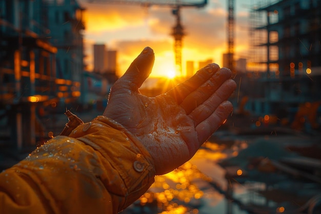 Trabajador de la construcción extiende su mano sucia al sol