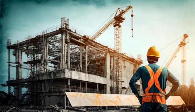 Un trabajador de la construcción se para frente a un edificio con un fondo de cielo azul.