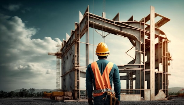 Un trabajador de la construcción se para frente a un gran edificio con un cielo azul de fondo.