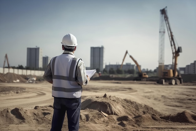 Un trabajador de la construcción se para frente a un sitio de construcción con un plano.