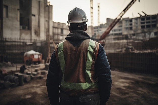 Un trabajador de la construcción se para frente a un sitio de construcción.