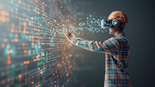 Trabajador de la construcción con gafas de realidad virtual trabajando en un holograma