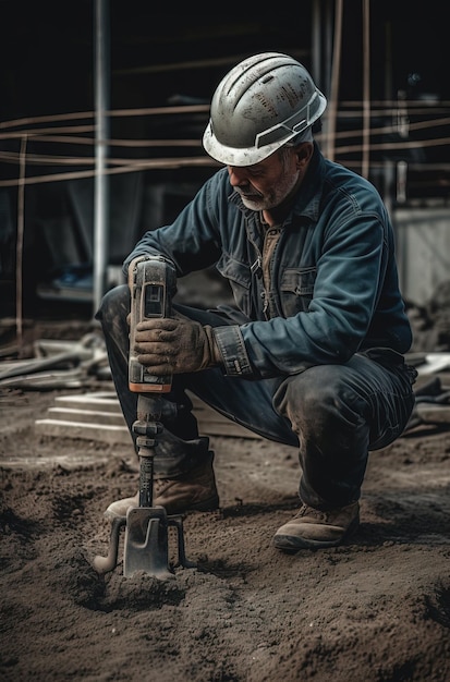 Un trabajador de la construcción con un gran taladro en sus manos.