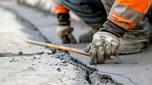 Trabajador de la construcción con guantes de protección y usando una herramienta de mano para extender y suavizar el cemento húmedo entre las losas de hormigón