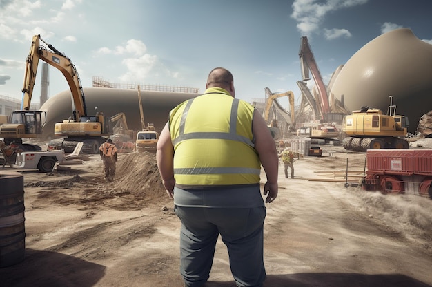 El trabajador de la construcción de hombres gordos está mirando la grúa