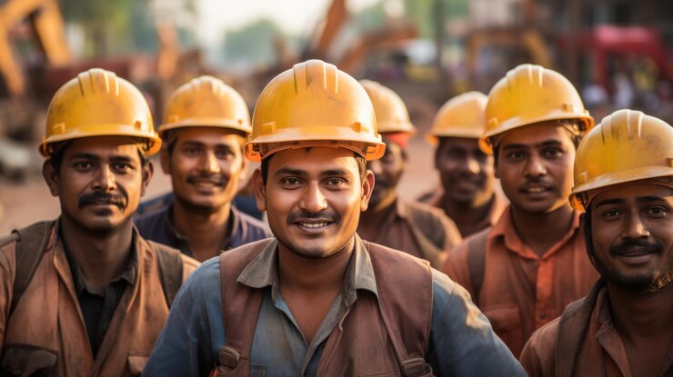El trabajador de la construcción indio o el trabajador que mira a la cámara con un sombrero