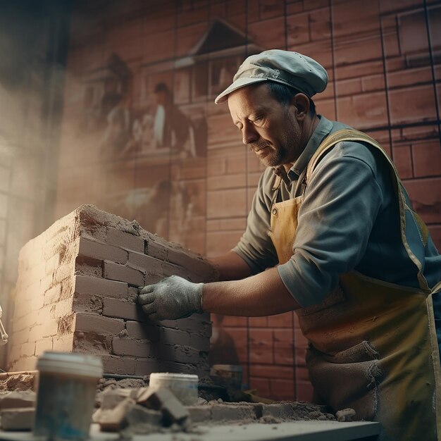 Trabajador de la construcción industrial que usa la espátula y la paleta