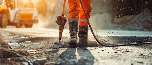 Foto trabajador de construcción innovador reinventa la construcción de carreteras con equipos de perforación con martillo neumático