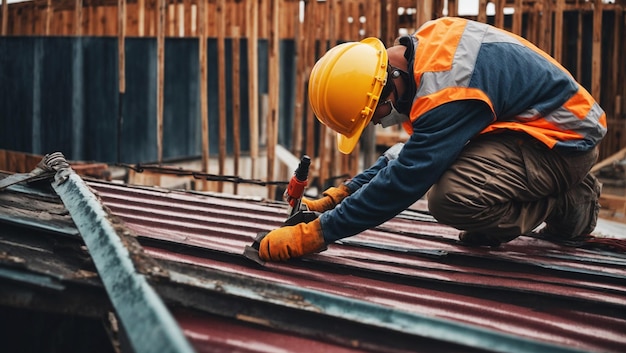 Trabajador de la construcción instala un nuevo techo herramientas de techado perforación eléctrica utilizada en nuevos techos con chapa metálica