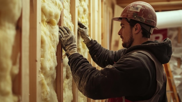 Trabajador de la construcción instalando aislamiento