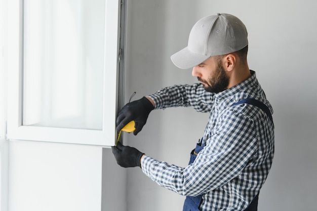 Trabajador de la construcción instalando una ventana en casa