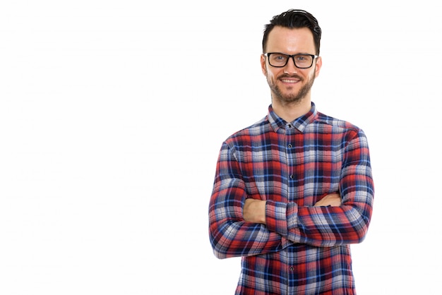 Trabajador de la construcción joven guapo con barba