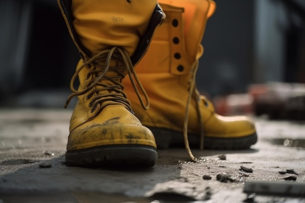 Foto un trabajador de la construcción lleva calzado de seguridad de cuero de pie