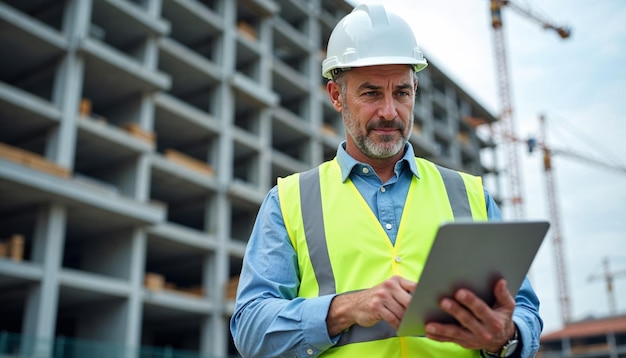 Un trabajador de la construcción maduro revisa los detalles del proyecto en una tableta en un sitio de construcción moderno al mediodía