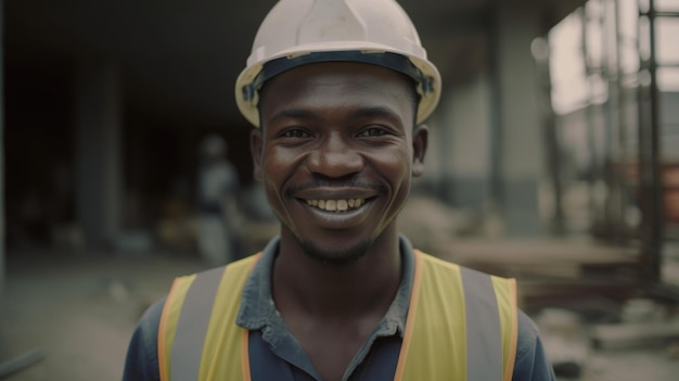 Un trabajador de la construcción masculino africano sonriente de pie en el sitio de construcción