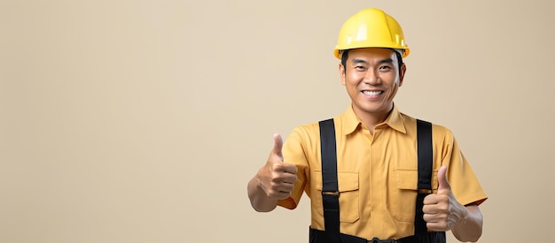Trabajador de la construcción masculino asiático con casco de seguridad y pulgar hacia arriba sobre fondo beige