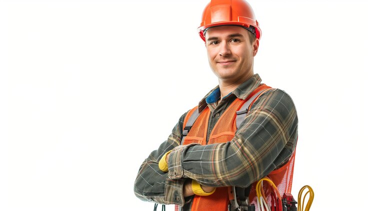 trabajador de la construcción masculino en chaleco de seguridad y casco duro aislado en el fondo